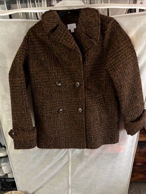 Brown Plaid Double-Breasted Wool Blend Peacoat